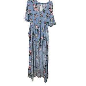 Adam Levine Floral Shorts Blue Short Sleeve Flowy Train Open Back Romper Large